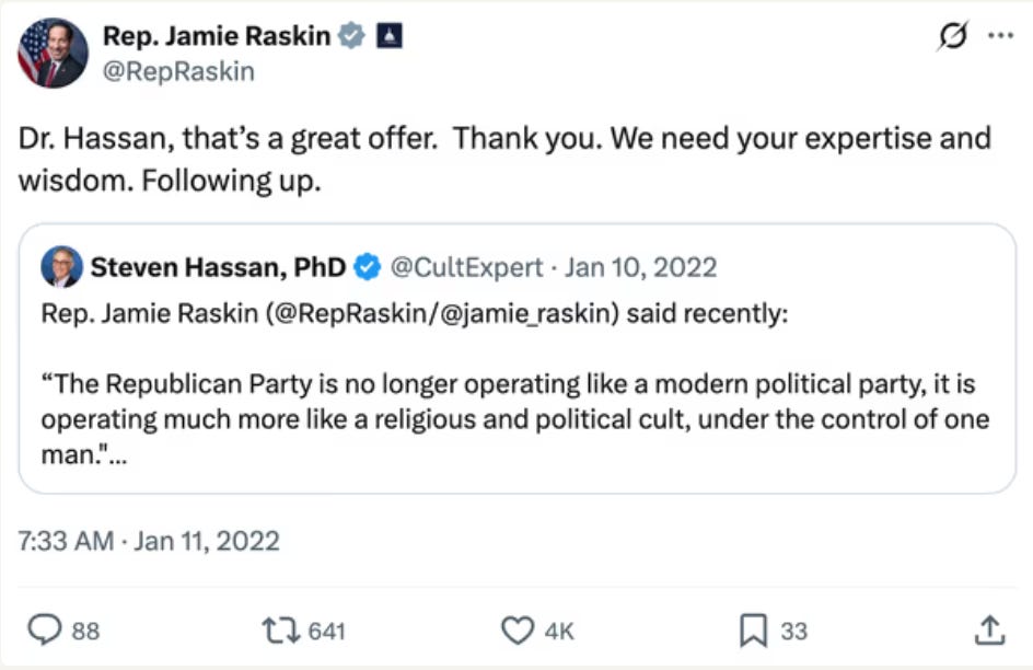 Cult Cop Comes For MAGA: Frank Parlato warns Steven Hassan’s cult theories and BITE model could arm DOJ against MAGA, churches, and dissent. Cult Cop Comes For MAGA: Frank Parlato warns Steven Hassan’s cult theories and BITE model could arm DOJ against MAGA, churches, and dissent.