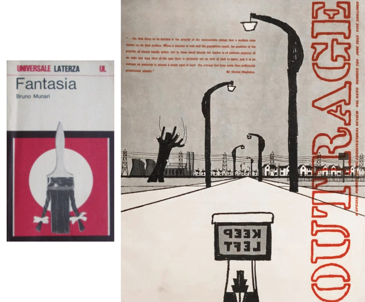 Covers of original editions of "Fantasy" by Bruno Munari and "Outrage" by Ian Nairn