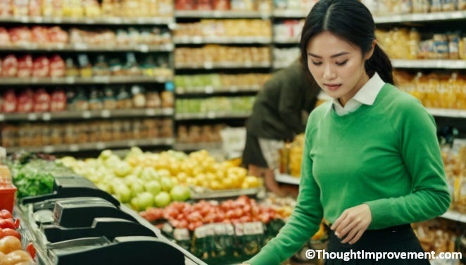 A clerk checking out items at the grocery store.