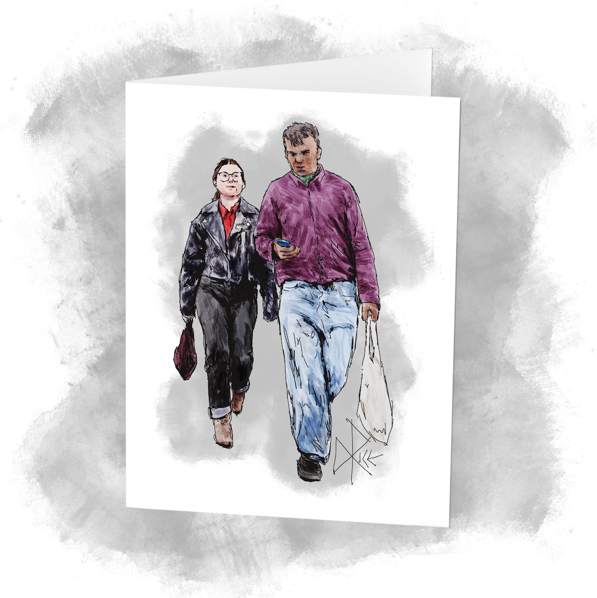Carrying their shopping bags after a post-gig grocery run, a man and woman dressed in denim and leather walk home. Sketch art by Don Rice. Carrying their shopping bags after a post-gig grocery run, a man and woman dressed in denim and leather walk home. Sketch art by Don Rice.