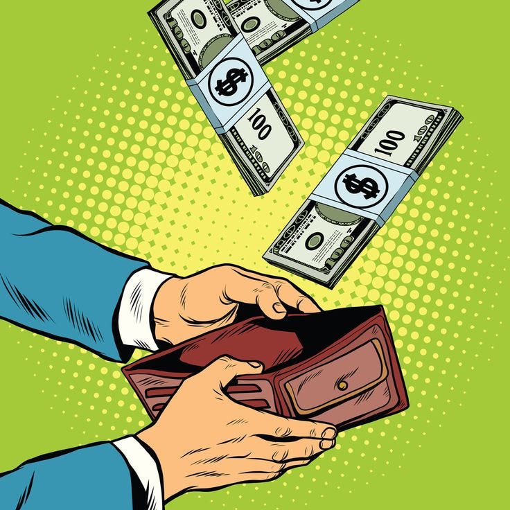 This may contain: two hands exchanging money from a wallet in pop art comic style illustration on green background