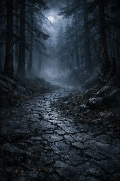 Old Svalich Road winding through misty Barovian forest, ancient pines, cracked cobblestone path, eerie fog and moonlight Old Svalich Road winding through misty Barovian forest, ancient pines, cracked cobblestone path, eerie fog and moonlight