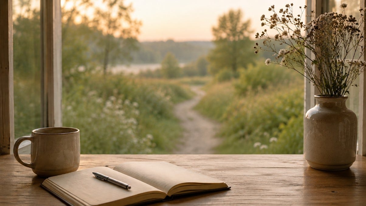 Open journal, pottery mug and wildflowers on a wooden table overlooking a winding garden path in the soft morning light, symbolizing quiet reflection, life transitions and making space for new beginnings.