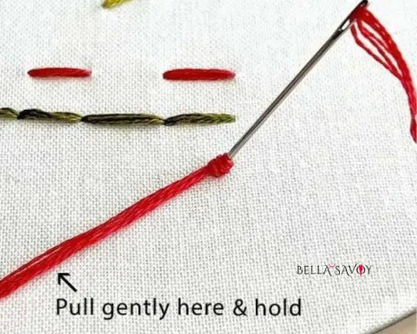 French Knot Tutorial 31 Step-by-step French knot embroidery tutorial showing red thread wrapped tightly around the base of a needle with text instructing to pull gently and hold.
