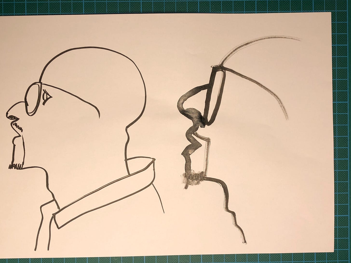 Photo d'une feuille A4 où j'ai fait deux fois le  portrait d'un homme de profil sans cheveux portant des lunettes, avec des matériaux différents.
