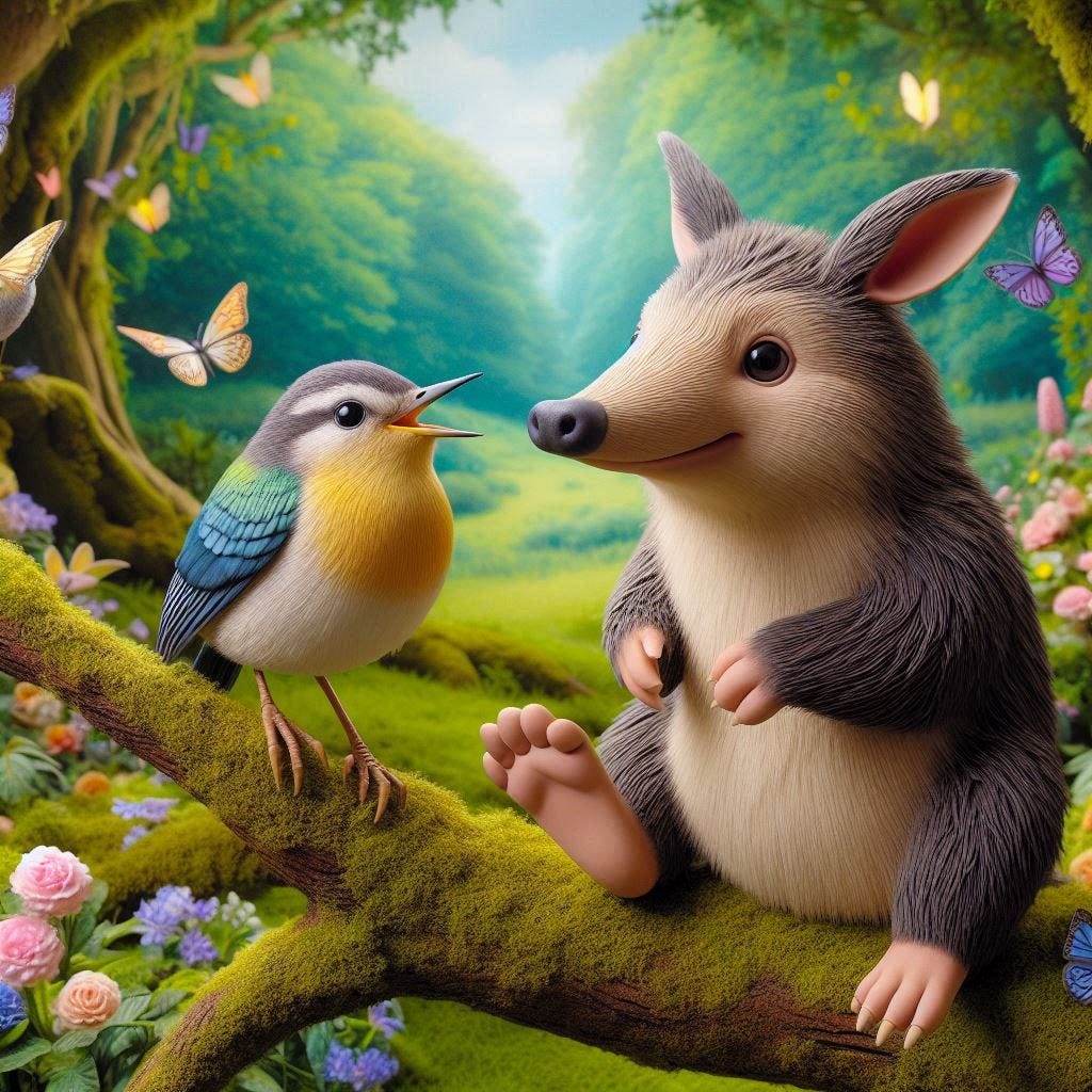 an aardvark talking to a lark