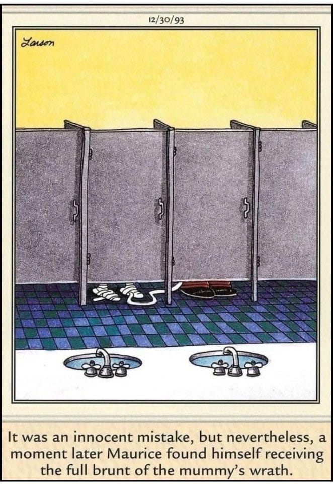 May be an image of poster, card and text that says '12/3 12/30/93 Lauson Σ It was an innocent mistake, but nevertheless, a moment later Maurice found himself receiving the full brunt of the mummy's wrath.'
