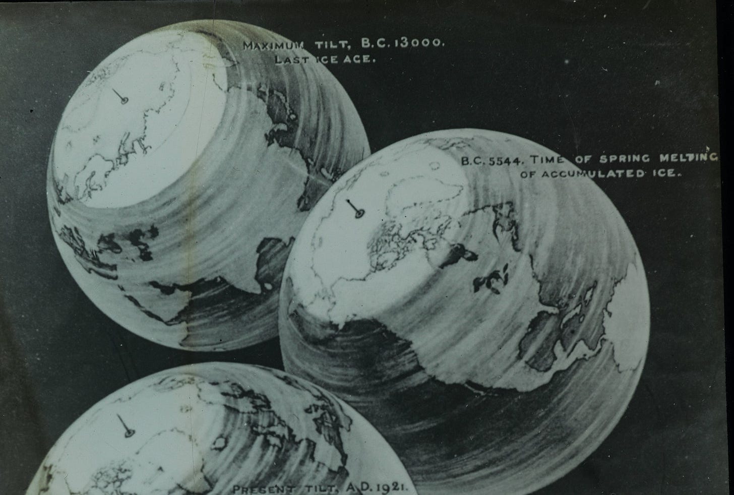 A lantern slideshows four overlapping illustrations of the Earth depicting its tilt at different time periods in the past, present and future. Dates represented are 13000 BC, 5544 BC, 1921 AD, 2296AD. Handwritten in blue ink at bottom left corner of plate is the text 'G53 CLW [illegible] Aug '22'.