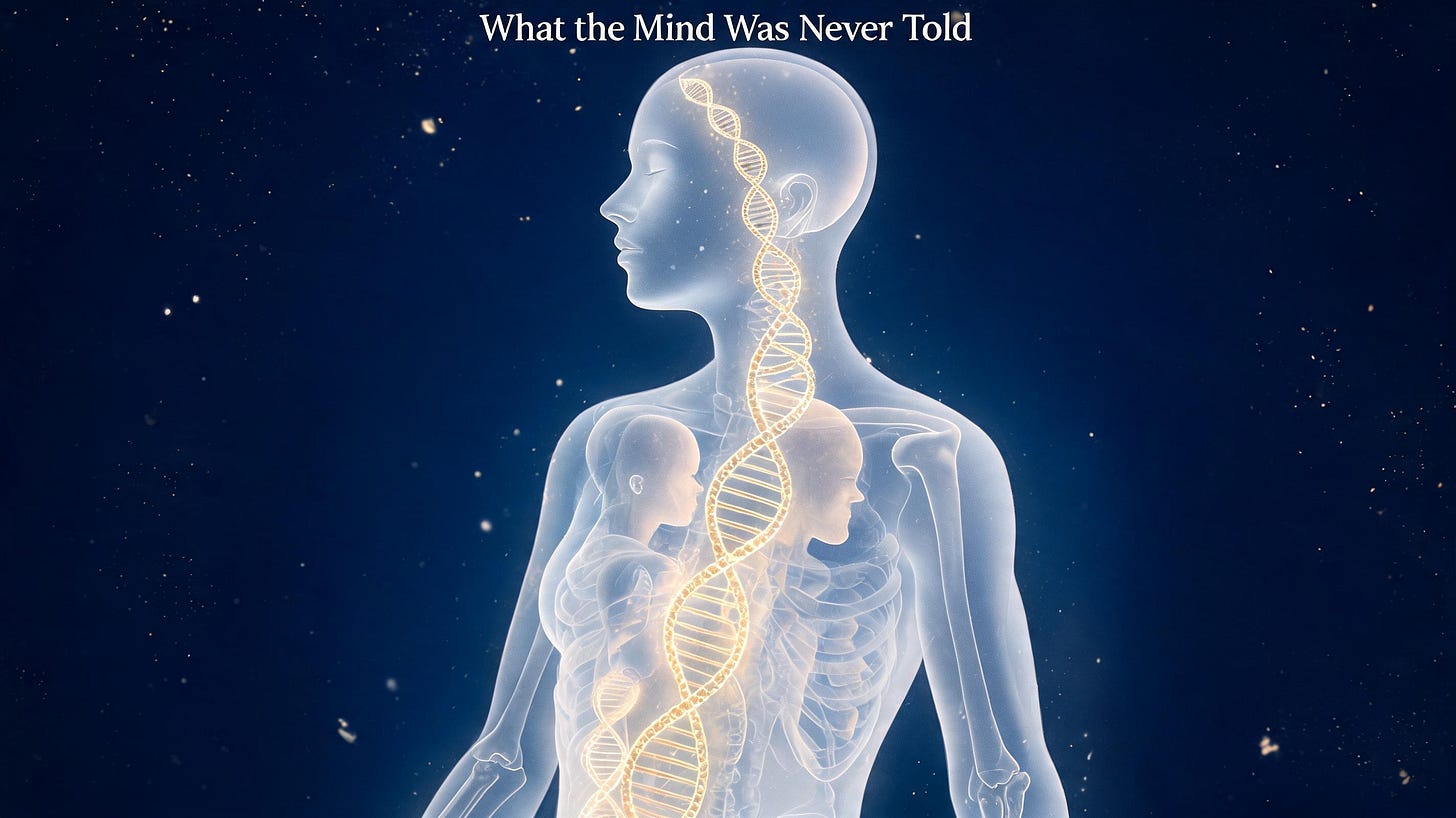 Translucent human figure with glowing DNA strands and ancestral echoes within, illustrating inherited bodily memory and epigenetics.