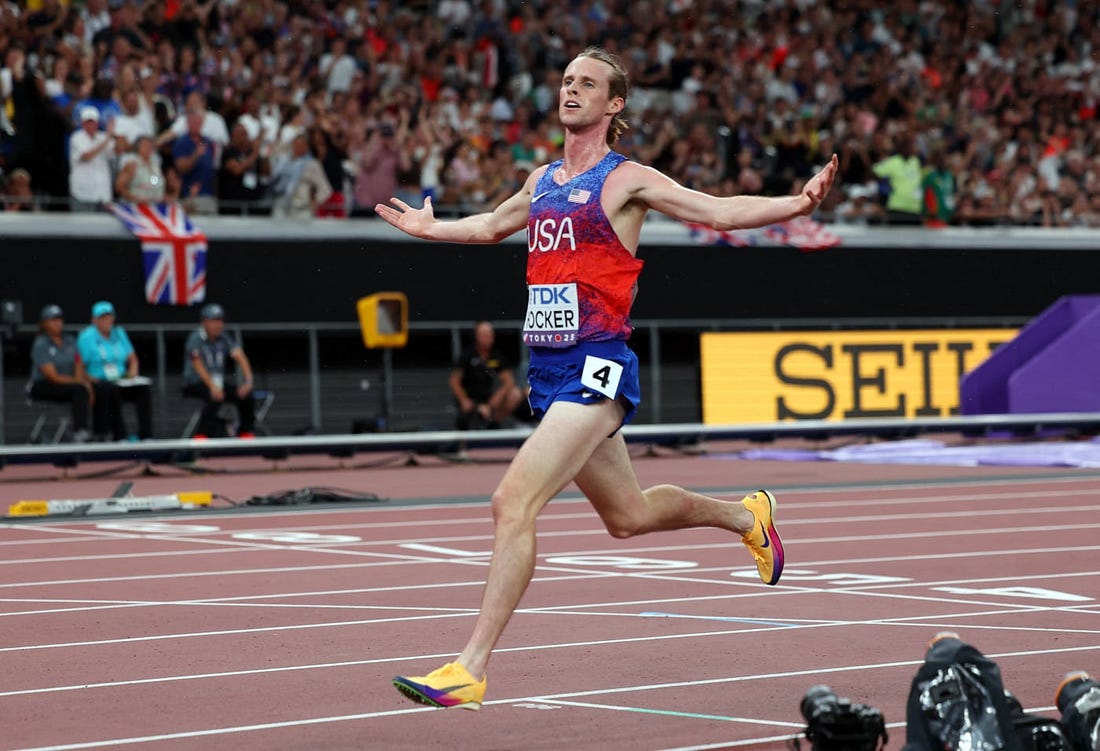 Cole Hocker celebrates after winning the men's 5000m final at the 2025 world championships in Tokyo.