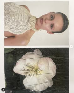 This may contain: two pictures of a woman with flowers in her hair and an image of a white flower