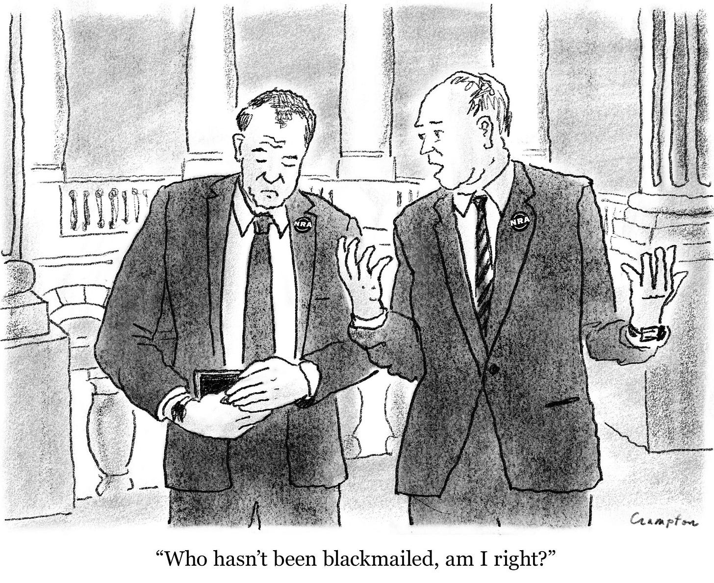This is a cartoon of two senators in the rotunda, both wearing NRA buttons, and the tagline says “who hasn’t been blackmailed, am I right? “
