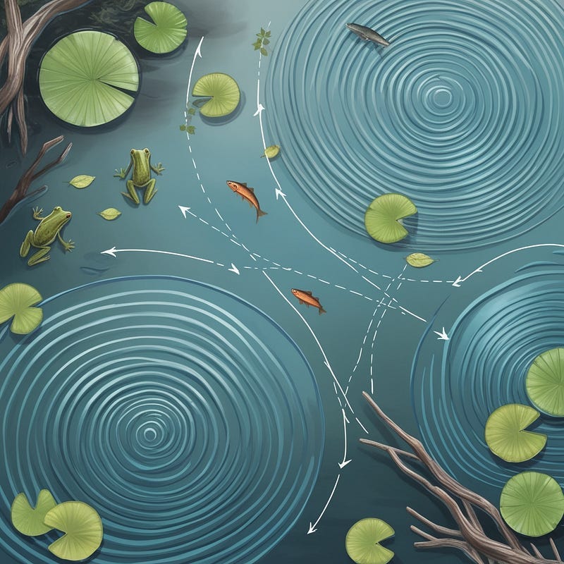 Illustration of a pond surface, with multiple ripple patterns interacting. Illustration of a pond surface, with multiple ripple patterns interacting.