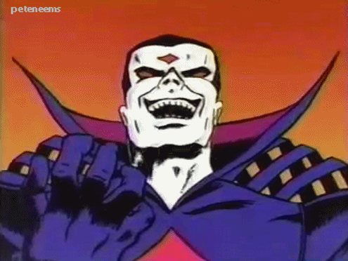 An animated Mister Sinister throws back his head and laughs. An animated Mister Sinister throws back his head and laughs.