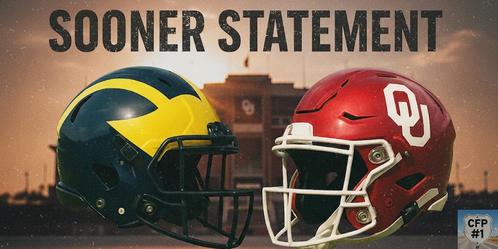 Michigan Wolverines and Oklahoma Sooners football helmets face off in front of Oklahoma Memorial Stadium with bold headline text “Sooner Statement.” Deals on seats, fan gear and subscriptions for premium college football analysis at www.NattyRoad.com