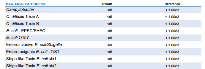 GI-MAP 검사 결과 중 주요 박테리아 병원균 수치를 보여주는 표