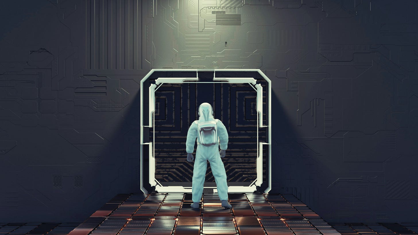 As astronaut standing in front of an open door