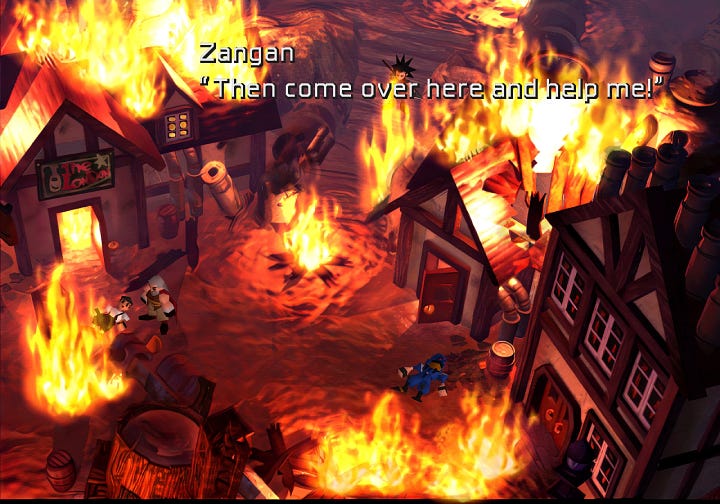 Comparison between Sephiroth's version in the original (left) and Cloud's version in Rebirth (right) regarding Zack/Cloud exiting the Shinra manor and being called over by Zangan.