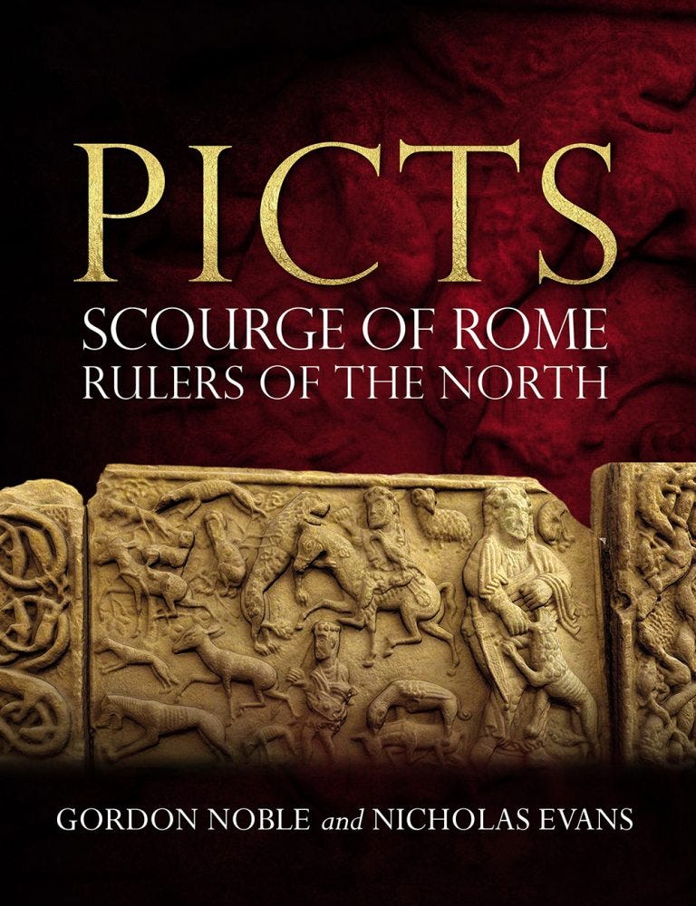 Cover image of the book with a dark red background (suggesting blood) with PICTS in large gold capitals and the subtitle SCOURGE OF ROME, RULERS OF THE NORTH in large white capitals. Below is an image of the St Andrews sarcophagus, a carved stone shrine believed to have been created to hold the relics of Onuist I, king of the Picts from 731 to 762 AD