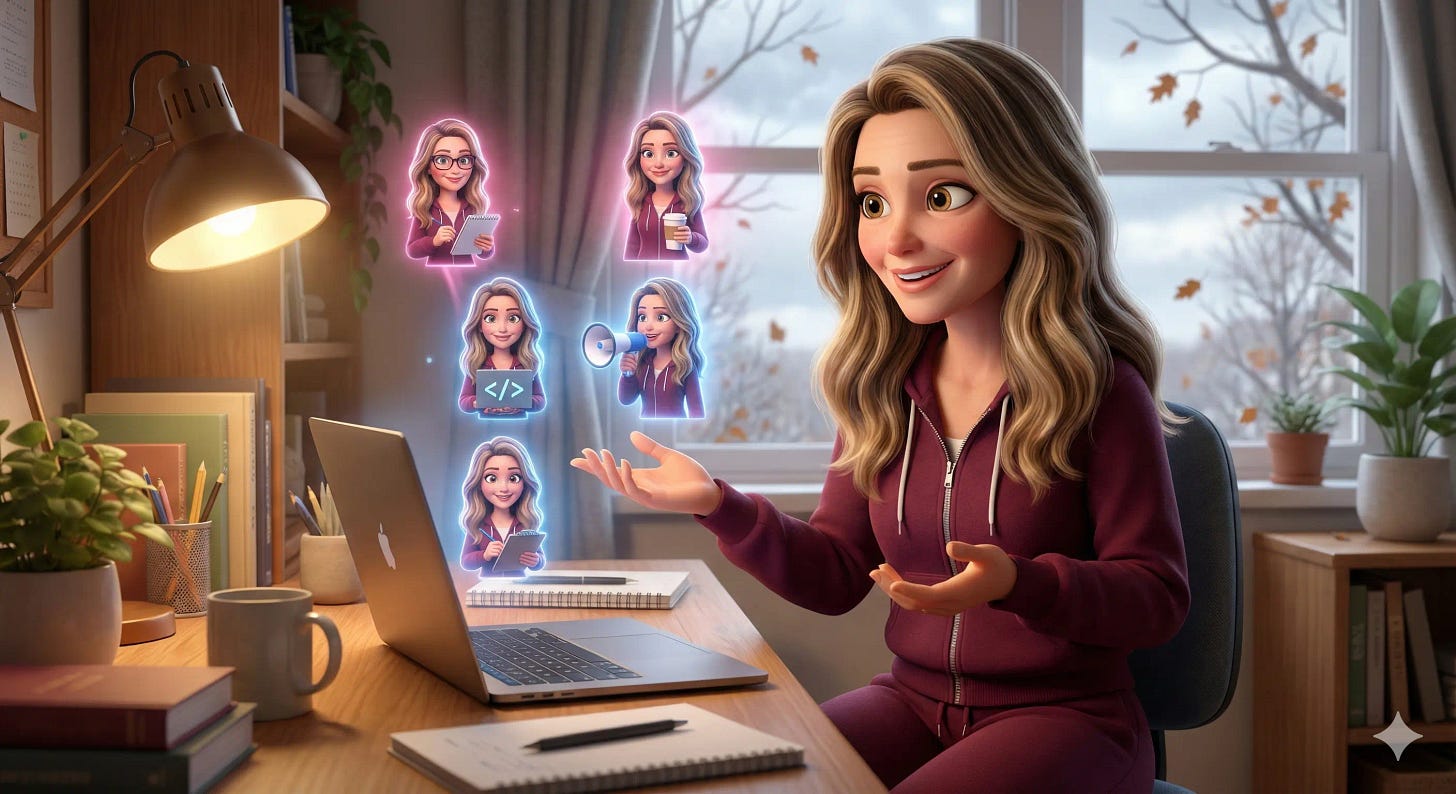 Pixar-style 3D illustration of woman at home office desk gesturing toward five glowing holographic mini-versions of herself, each representing different AI Gems