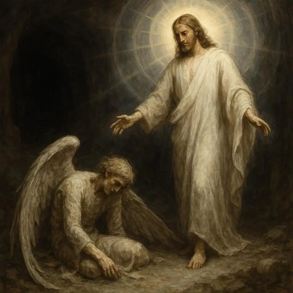 a resurrected Jesus Christ who is visiting a dingy washed out plaster white angel who wears washed out white robes, pale dirty wings and skin who is laying defeated on the ground. heavenly. in heaven. each strike creates sonic booms. dark cave.