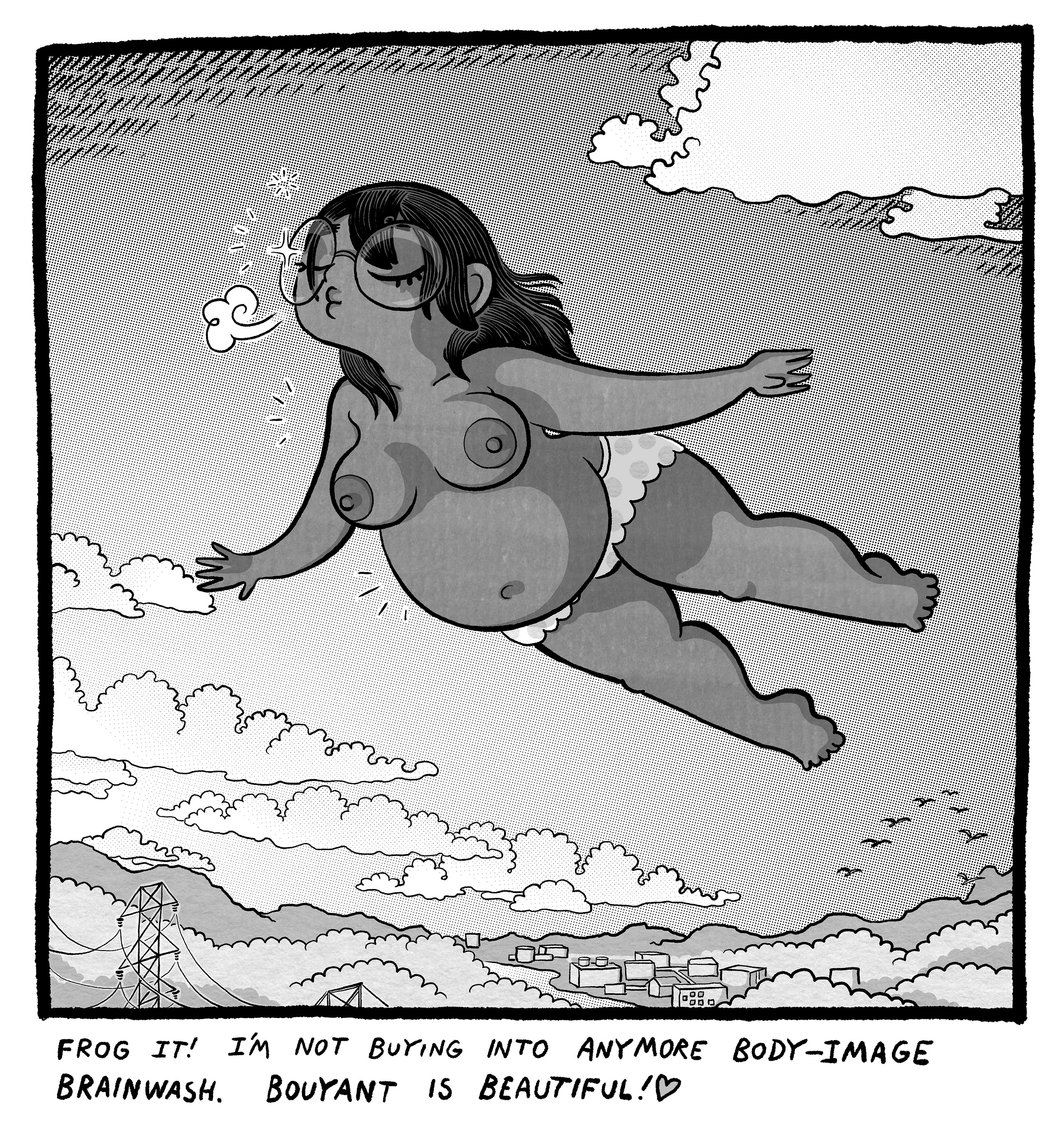 The woman glides high above a landscape of hills, clouds, and tiny buildings below. She smiles confidently while flying, with the caption: “Frog it! I’m not buying into anymore body-image brainwash. Bouyant is beautiful!♡”
