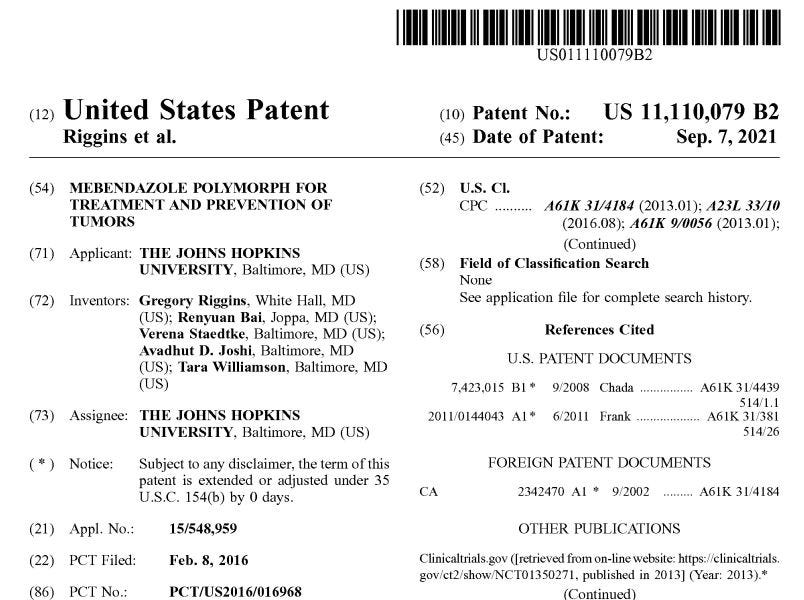 BREAKING NEWS: MEBENDAZOLE Patent for treatment of CANCER Unearthed