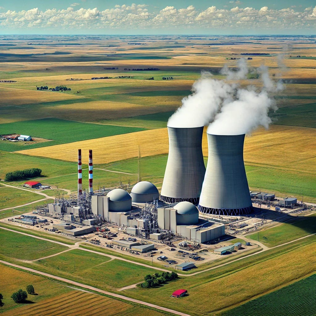 A detailed view of a nuclear power plant in North Dakota's vast, flat plains. The plant features two large cooling towers emitting steam, surrounded by grassy fields and a few scattered trees. In the distance, there are a few small farm buildings, wide open spaces, and the typical rural landscape of the region. The sky is bright blue with a few clouds, and the overall scene captures the contrast between the industrial power plant and the natural beauty of the surrounding environment.