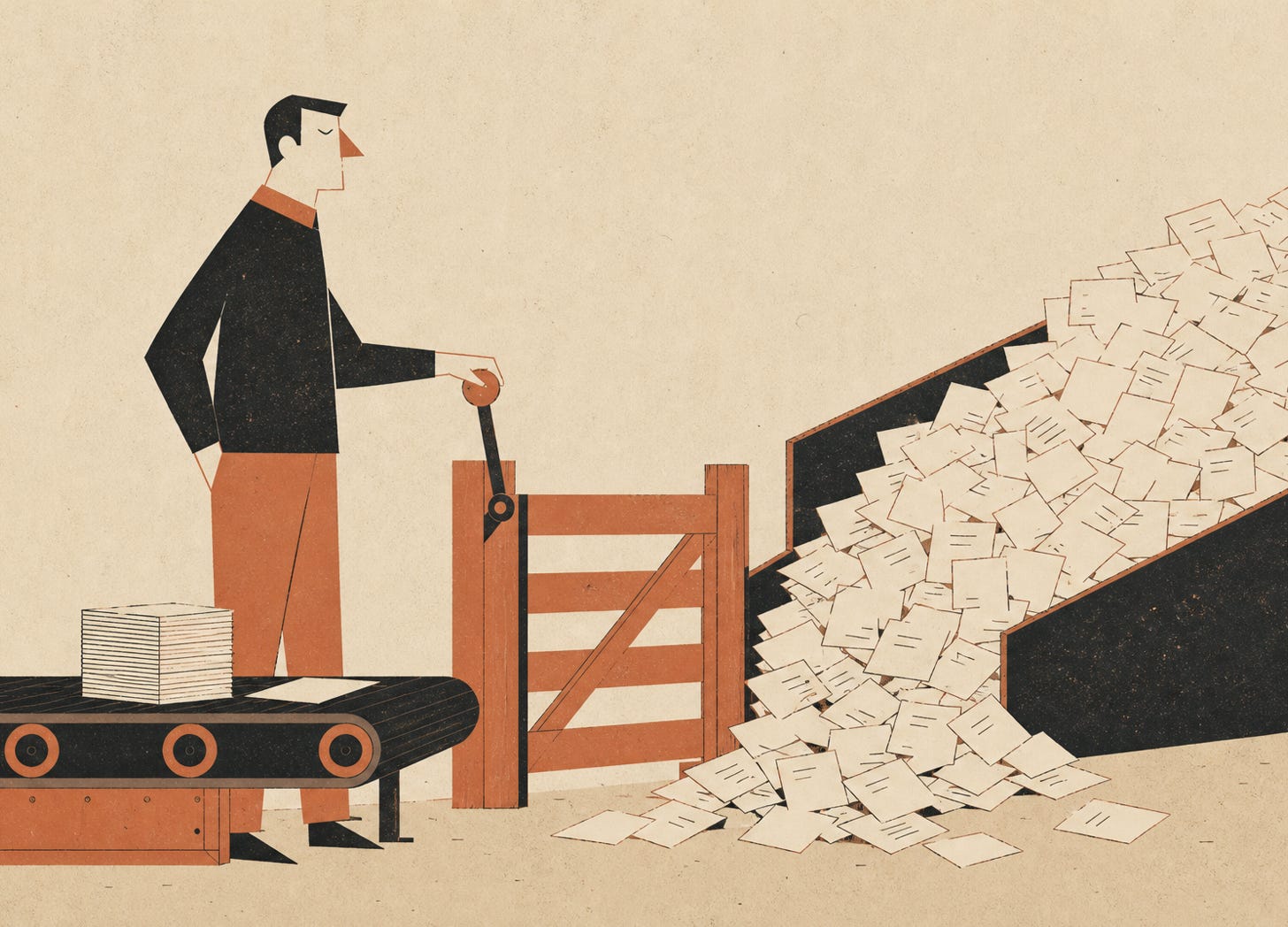 Flat illustration of a figure standing at an open gate beside a conveyor belt, letting an overflowing stream of paper slips pile up unchecked. Flat illustration of a figure standing at an open gate beside a conveyor belt, letting an overflowing stream of paper slips pile up unchecked.