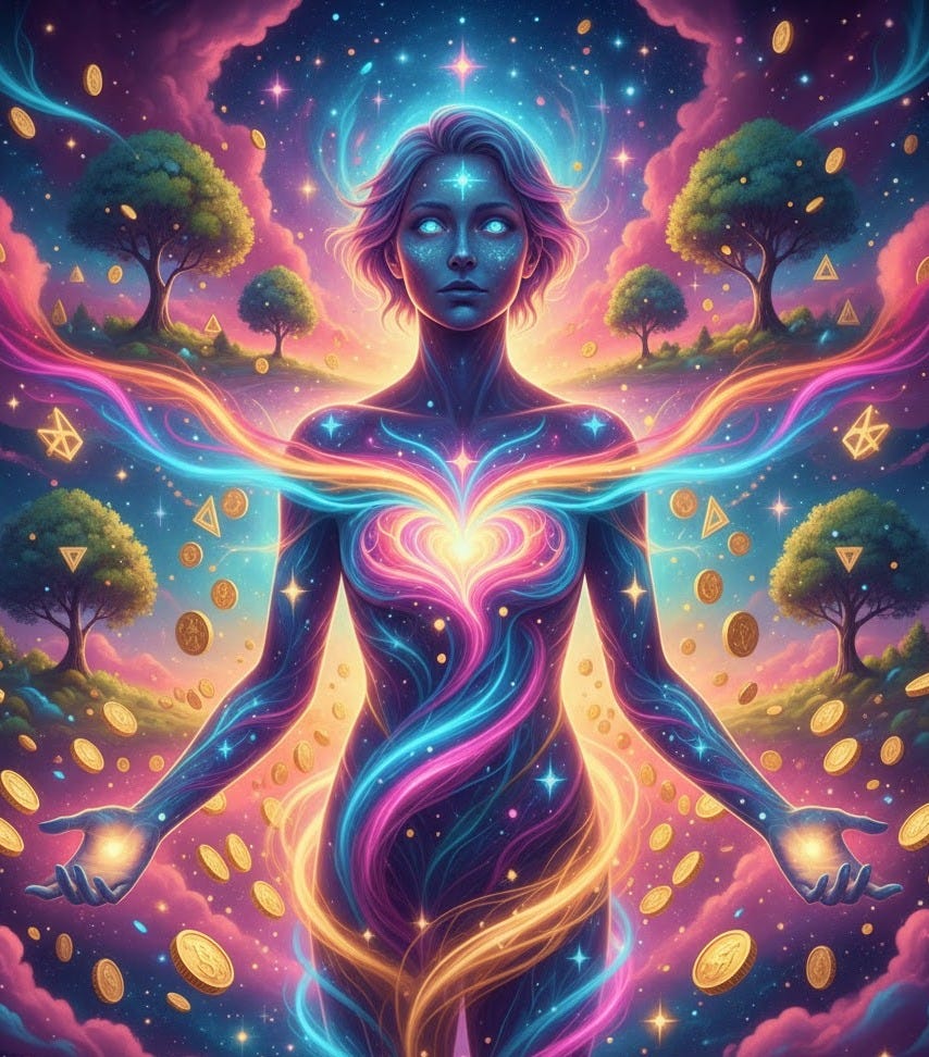 A glowing, gender-neutral figure with iridescent skin in shades of blue and purple stands centered, eyes open and glowing with light, against a vibrant cosmic landscape. Swirls of radiant energy in pink, blue, and yellow emanate from the figure's heart center, wrapping around the body and extending outward. The background features rolling hills dotted with stylized trees under a swirling sky of colorful nebulae and stars. Golden coins and abstract geometric symbols rain down around the figure, landing on the ground and floating in the air, symbolizing abundance. The figure's hands are open, as if receiving or offering, with light also radiating from the palms. The overall impression is one of harmonious energy, spiritual awareness, and abundant flow, where intuition and action are unified. A glowing, gender-neutral figure with iridescent skin in shades of blue and purple stands centered, eyes open and glowing with light, against a vibrant cosmic landscape. Swirls of radiant energy in pink, blue, and yellow emanate from the figure's heart center, wrapping around the body and extending outward. The background features rolling hills dotted with stylized trees under a swirling sky of colorful nebulae and stars. Golden coins and abstract geometric symbols rain down around the figure, landing on the ground and floating in the air, symbolizing abundance. The figure's hands are open, as if receiving or offering, with light also radiating from the palms. The overall impression is one of harmonious energy, spiritual awareness, and abundant flow, where intuition and action are unified.