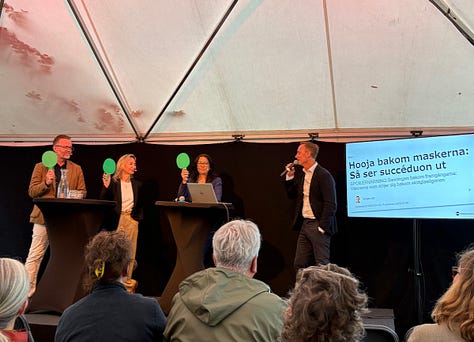 Några av de seminarier som arrangerades på Mediescenen under Almedalsveckan. 15 arrangörer stod för 28 programpunkter under tre dagar. 