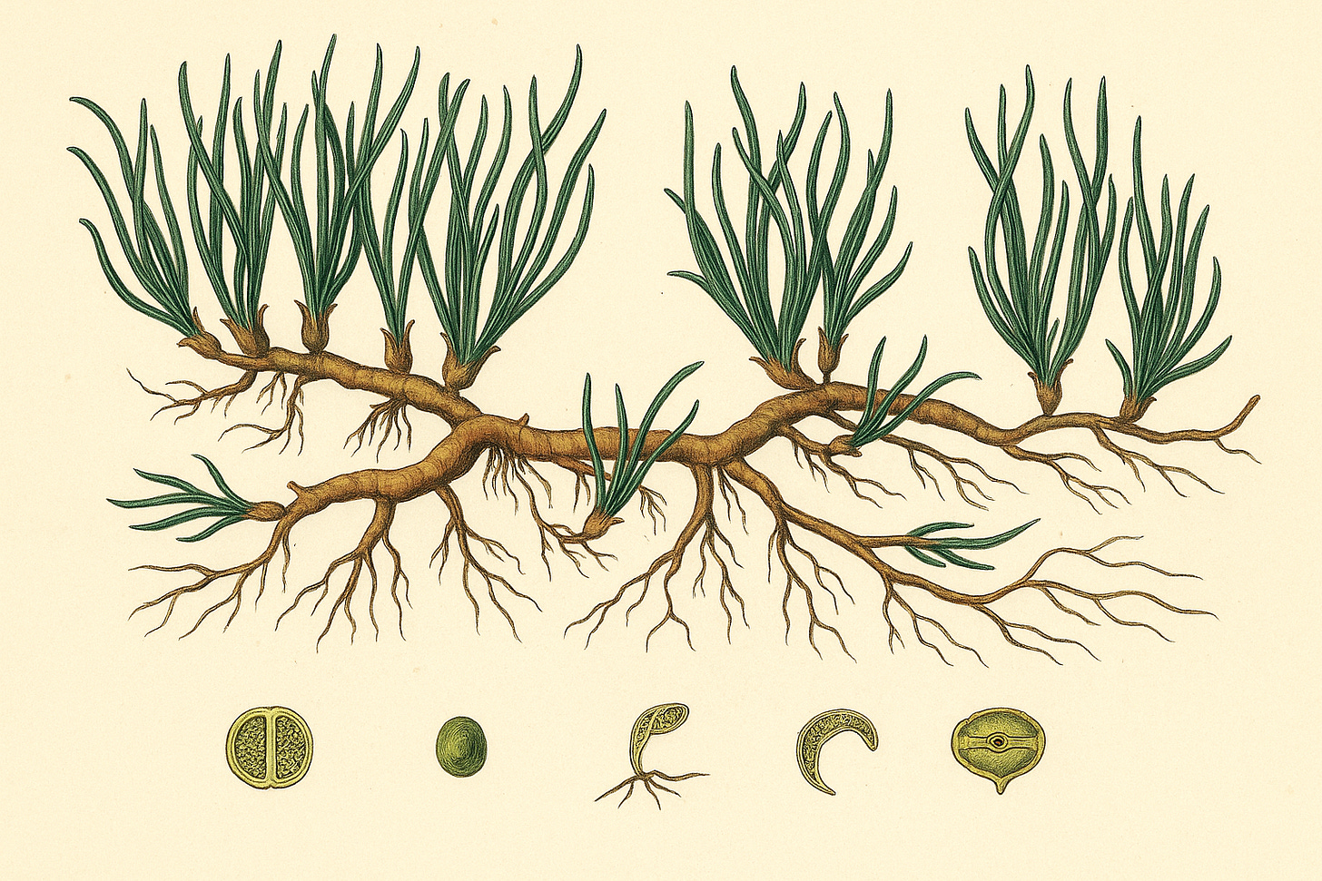 Ilustración botánica en formato horizontal de una planta rizomática, con tallos delgados y verdes que brotan de un rizoma marrón que serpentea bajo tierra. Desde cada nudo emergen raíces finas hacia abajo y nuevos brotes hacia arriba. La imagen, dibujada con trazo delicado y colores suaves sobre fondo crema, muestra también una hilera de esporas y estructuras reproductivas en la parte inferior. Representa visualmente la vida que se extiende sin jerarquías, en red, como metáfora del pensamiento rizomático y la sabiduría encarnada.
