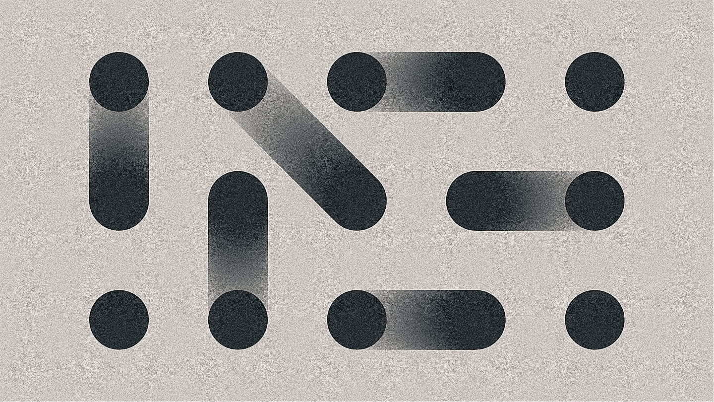 Abstract graphic design featuring a grid of circles that are randomly connected by a gradient.