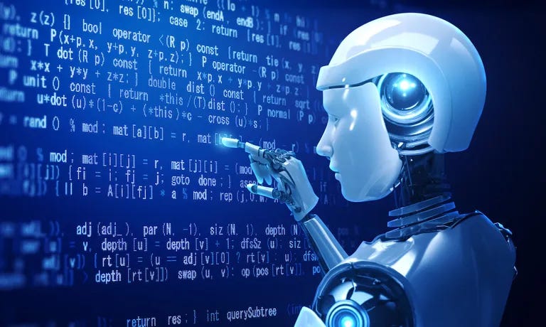A humanoid robot representing an Agent AI interacts with a digital interface displaying blue computer code and programming syntax. A humanoid robot representing an Agent AI interacts with a digital interface displaying blue computer code and programming syntax.