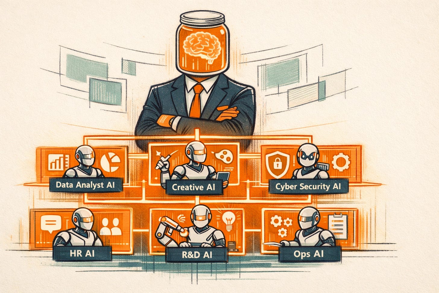 Paperclip AI org chart overview — a confident founder managing a holographic org chart with specialized AI agents including Researcher, Developer, and Marketer Paperclip AI org chart overview — a confident founder managing a holographic org chart with specialized AI agents including Researcher, Developer, and Marketer