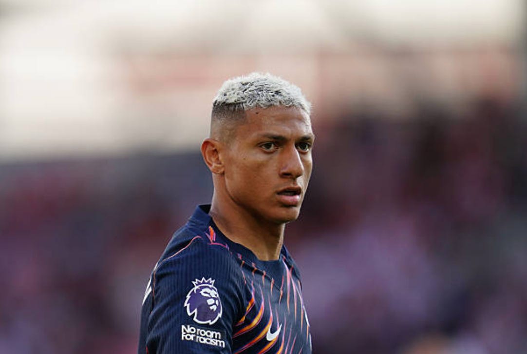Richarlison of Tottenham Hotspur during the Premier League match between Brentford and Tottenham Hotspur at GTECH Community Stadium in London, United Kingdom, on August 22, 2026. (Photo by Harvey Murphy/News Images/NurPhoto via Getty Images)