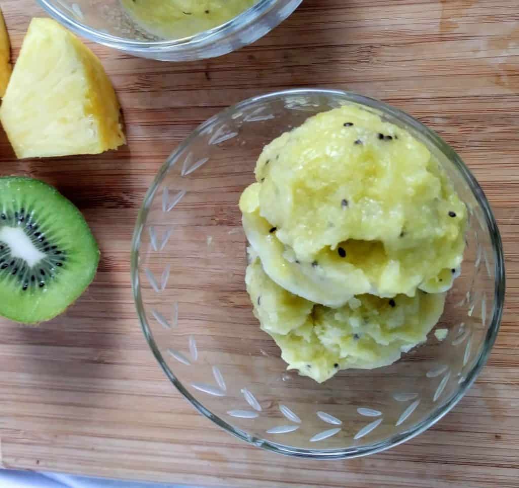 bowl of kiwi pineapple sorbet.
