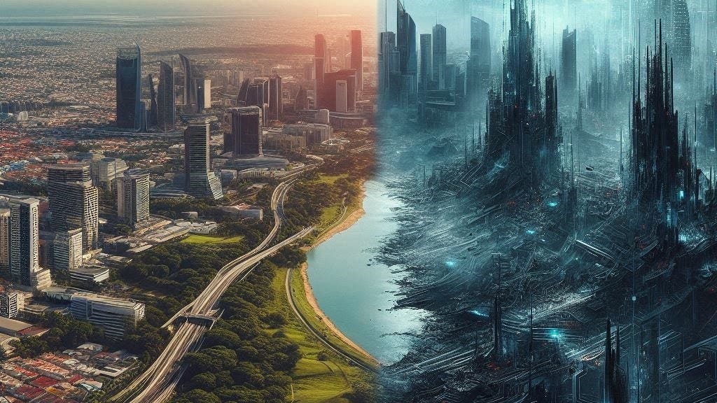 DALL-E3: A split image with one side showing a prosperous country and the other side showing an eerie and desolate digital wasteland
