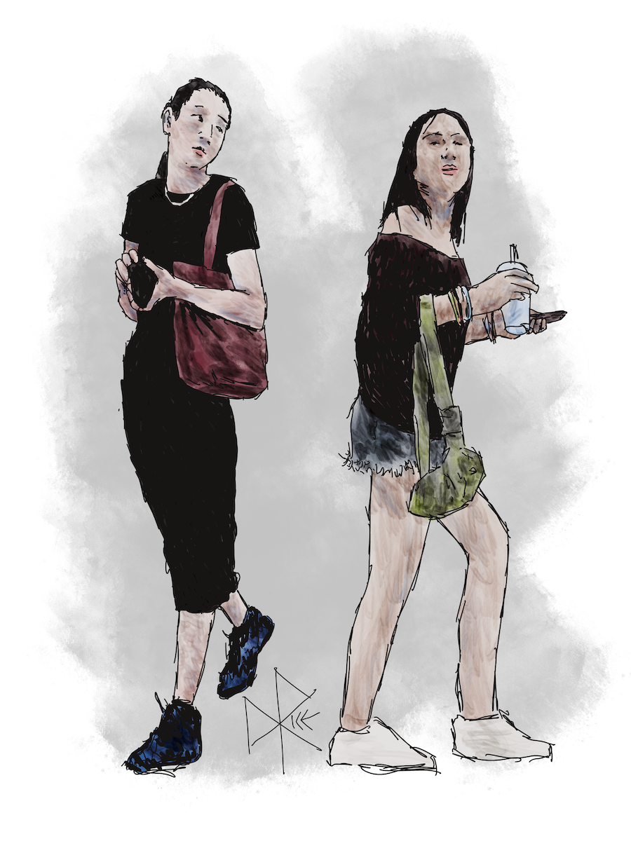 Turning away from each other, two women bid each other farewell before heading in opposite directions. Sketch art by Don Rice. Turning away from each other, two women bid each other farewell before heading in opposite directions. Sketch art by Don Rice.