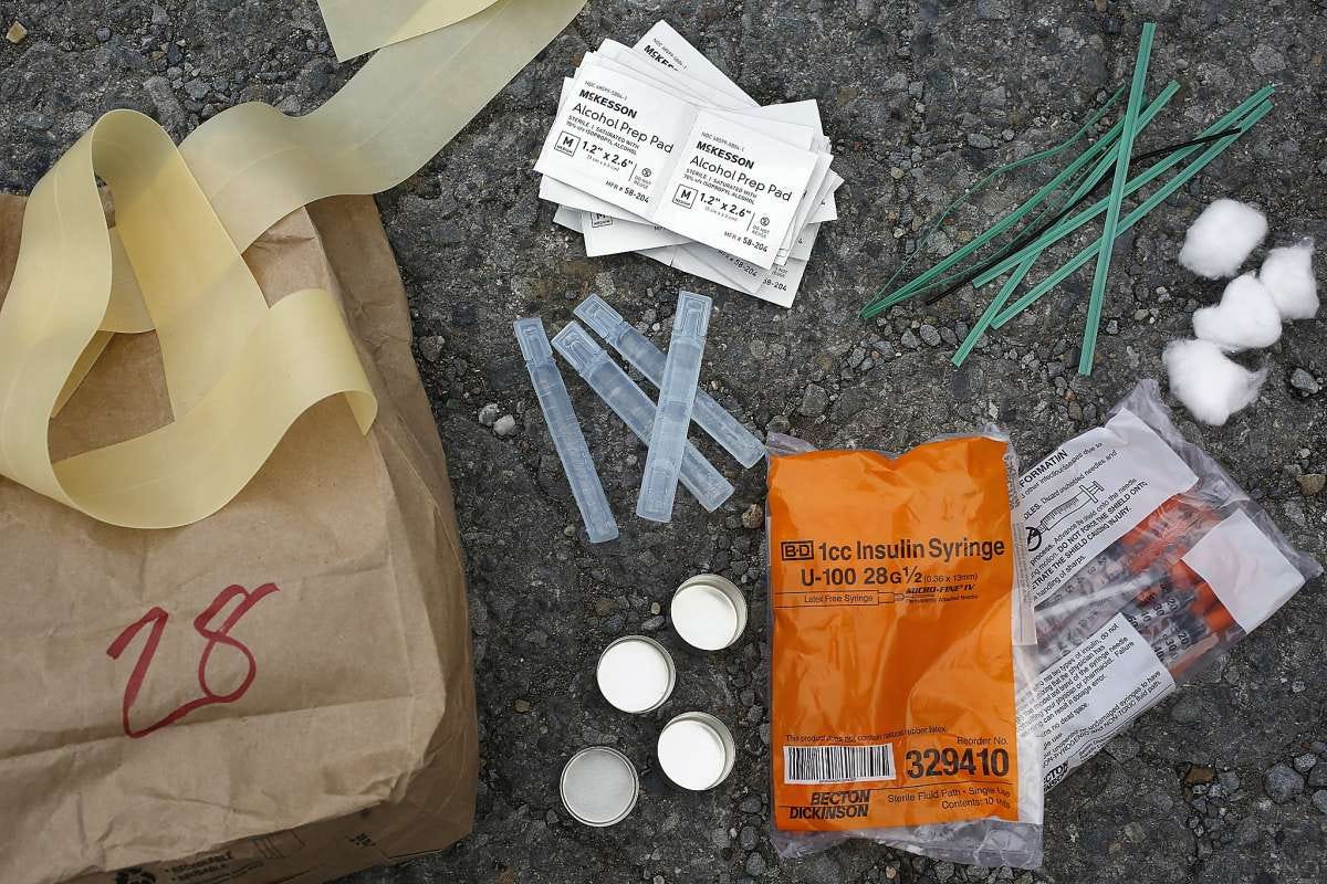 The contents of a bag from the city's needle exchange program seen in San Francisco, Calif., on Wednesday, October 28, 2015. The contents of a bag from the city's needle exchange program seen in San Francisco, Calif., on Wednesday, October 28, 2015.