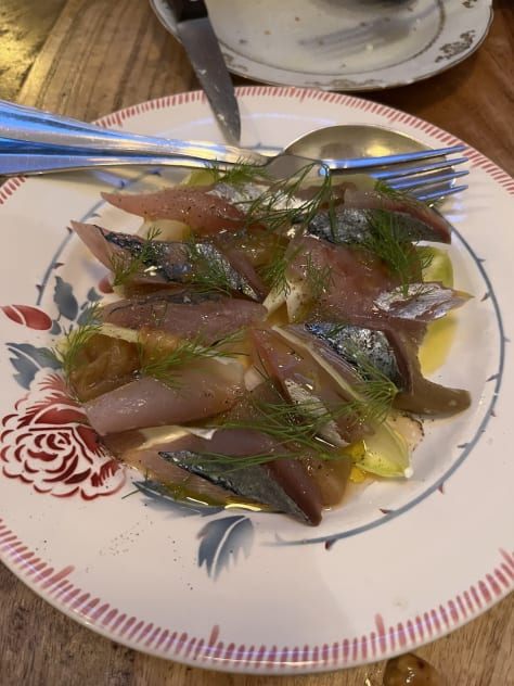 Cecina and hazelnuts, mackerel with eggplant and endives, local cheeses