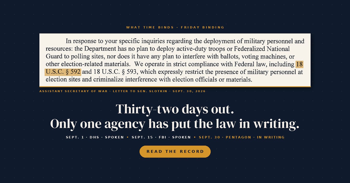 The third paragraph of the Sept. 30, 2026 Pentagon letter to Sen. Slotkin, with 18 U.S.C. § 592 highlighted, above the headline: Thirty-two days out. Only one agency has put the law in writing. The third paragraph of the Sept. 30, 2026 Pentagon letter to Sen. Slotkin, with 18 U.S.C. § 592 highlighted, above the headline: Thirty-two days out. Only one agency has put the law in writing.