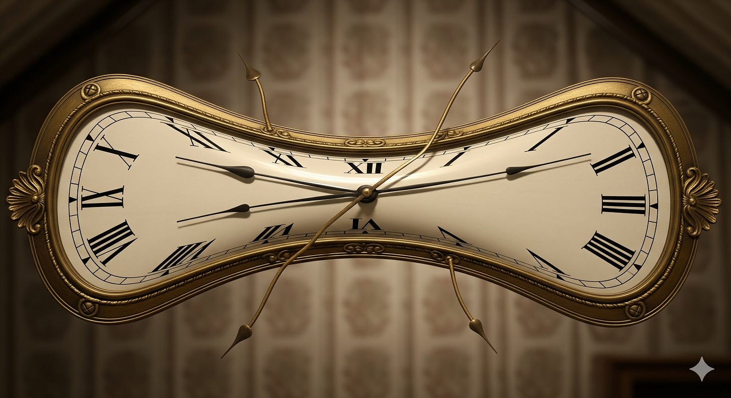 A vintage, ornate clock face is stretched and warped horizontally, as if melting. The Roman numerals and clock hands are elongated and distorted, symbolizing the bending and breaking of standard work time. A vintage, ornate clock face is stretched and warped horizontally, as if melting. The Roman numerals and clock hands are elongated and distorted, symbolizing the bending and breaking of standard work time.