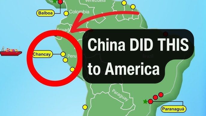 May be an image of map and text that says 'venezucla Balboa Colombia Fruad Chancay Peru China DID THIS to America Paraguay Paranaguá'