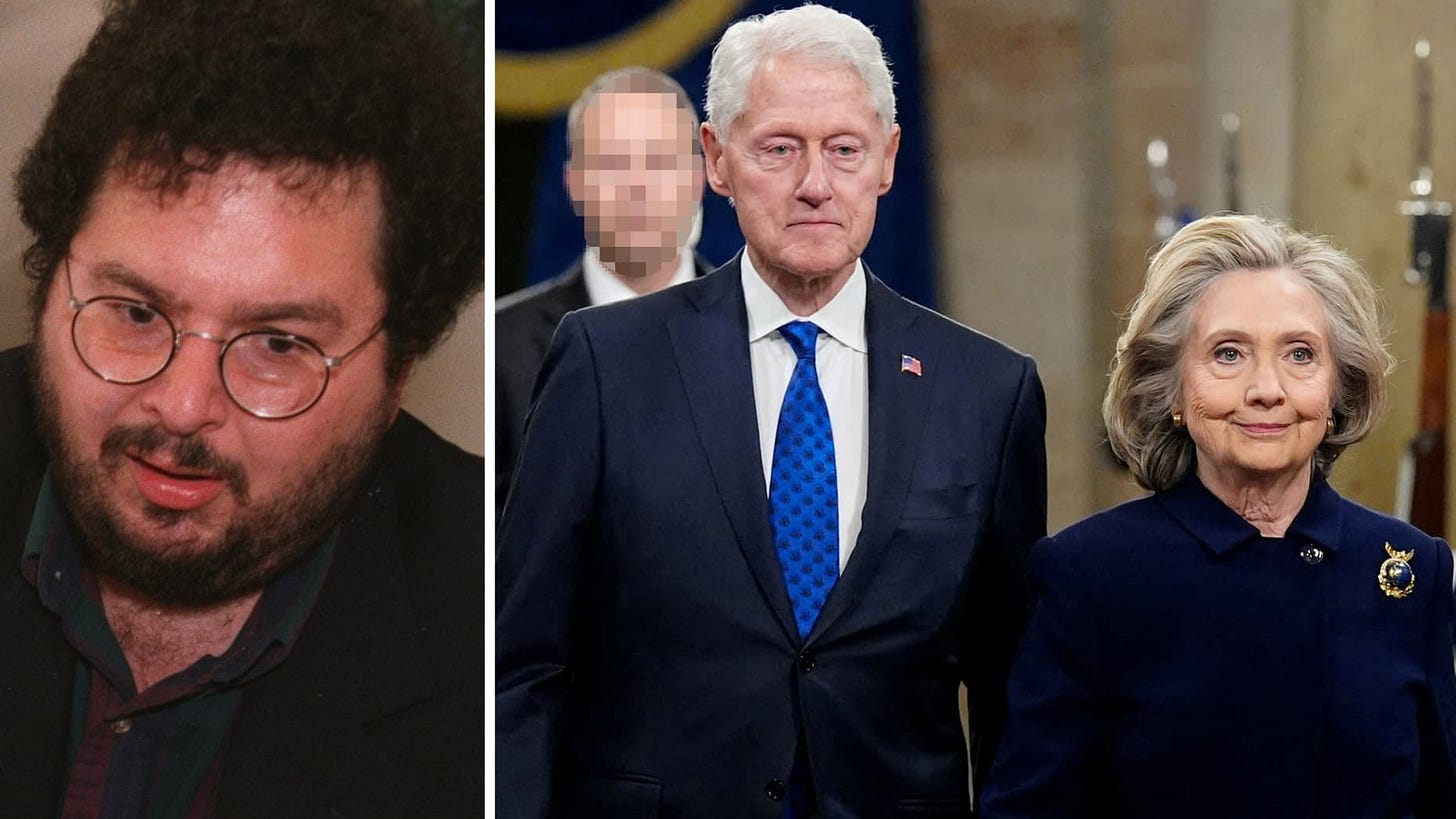 David Gelernter (L), Bill and Hillary Clinton (C-R)