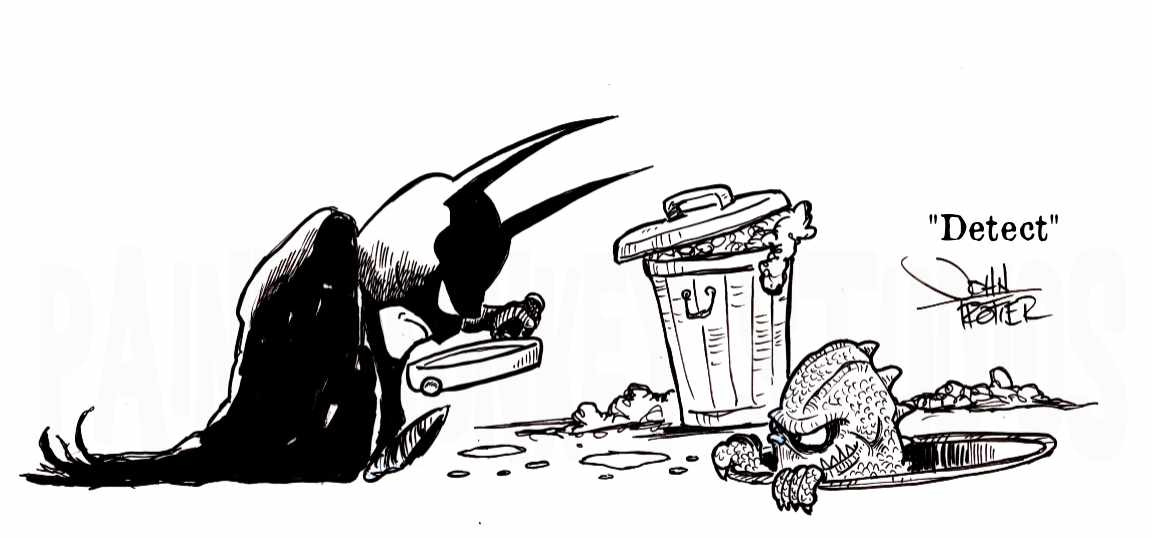 Ink cartoon of Batman tracking a trail with a magnifying glass, while Killer Croc waits poking his head out of a manhole.