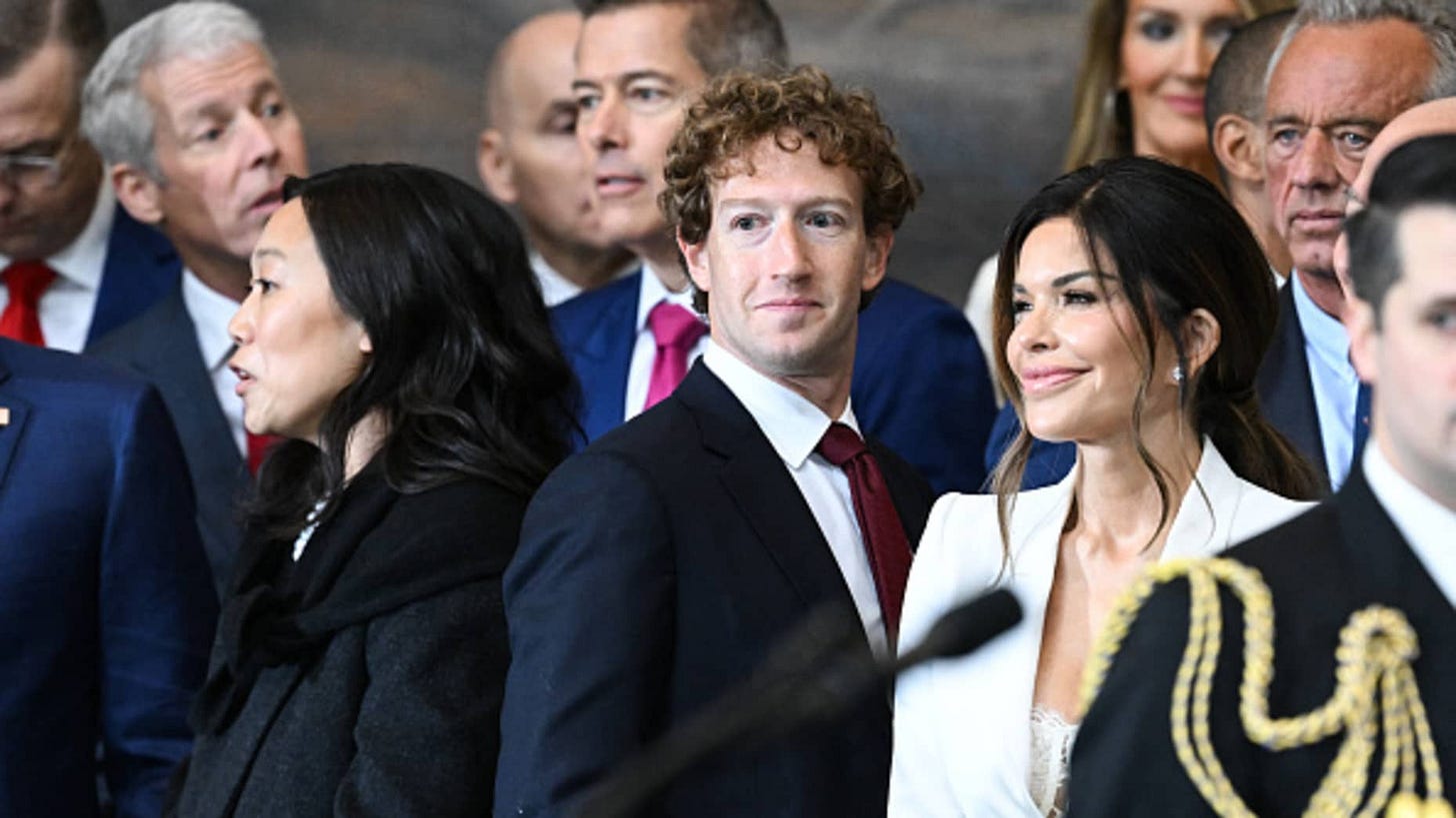 (L-R) Priscilla Chan, CEO of Meta and Facebook Mark Zuckerberg, and Lauren Sanchez attend the inauguration ceremony before Donald Trump is sworn in as the 47th US President in the US Capitol Rotunda in Washington, DC, on January 20, 2025. (Photo by SAUL LOEB / POOL / AFP) (Photo by SAUL LOEB/POOL/AFP via Getty Images)