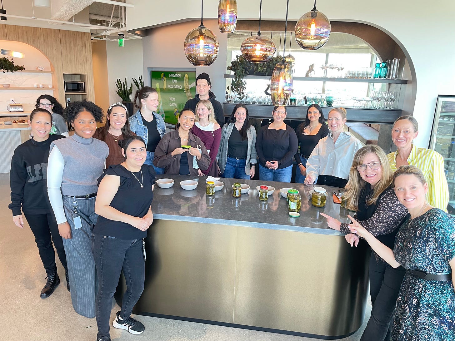 e.l.f.’s innovation team testing pickles in the Oakland office.