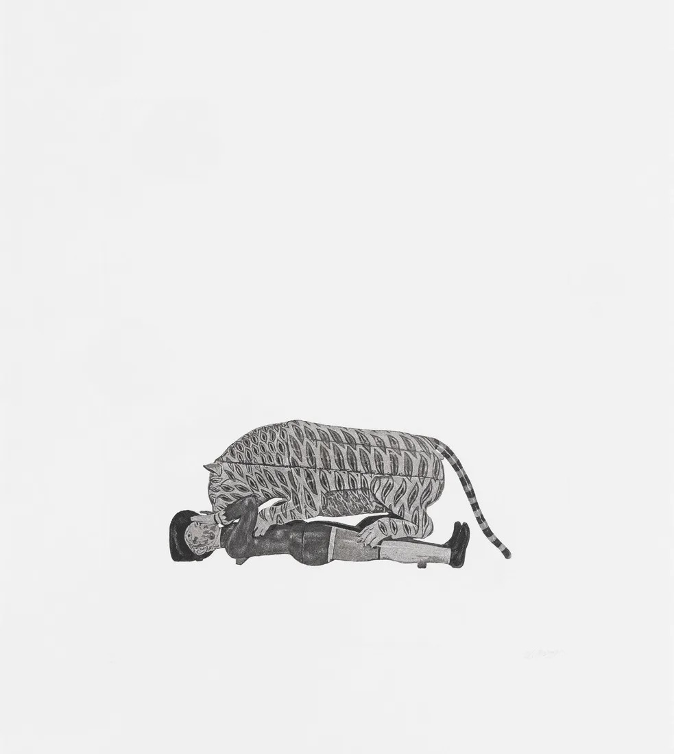 Ali Kazim, Tipu's Tiger, 2025. A small graphite-toned etching of a striped tiger crouched over a prone figure, printed low in a large field of blank paper.