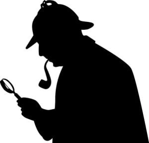 a silouette of Sherlock Holmes smothing his pipe with a magnifying glass.